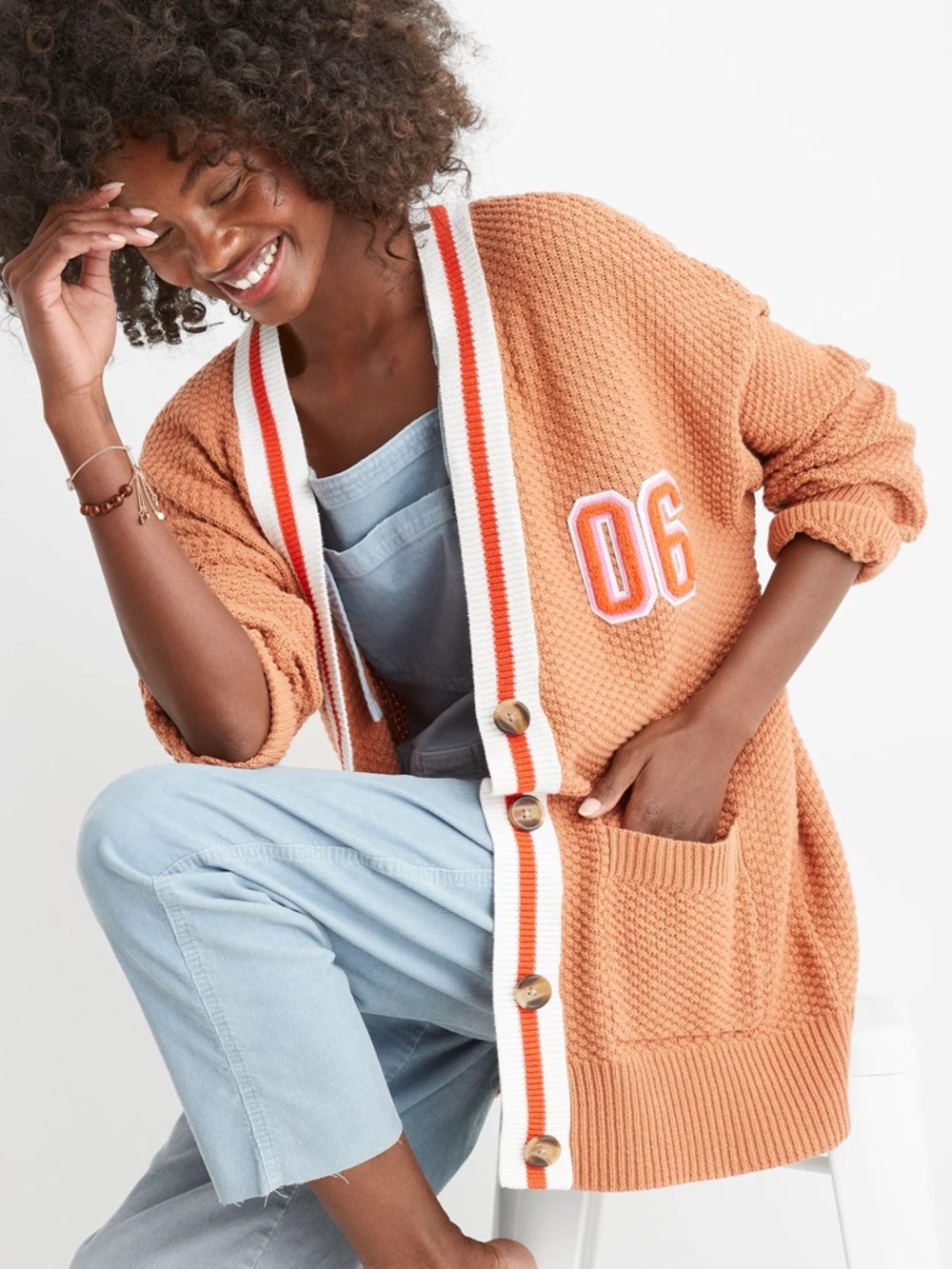 Rust Orange Knit Cardigan Trim Aerie Varsity L Large sweater American Eagle
